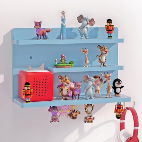 for Tonies Shelf Magnetic - Tonies Figure Organizer for Kids Room, Wooden Magnetic Display Shelf for Tonies Box Holder, Wall Floating Shelves Toy Storage Compatible Charging Station (3 Tier, Blue) - color: Blue, size: 3 Tier