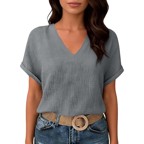 Womens Shirts Cotton Linen v Neck Short Sleeve Blouses Casual Loose Fit Textured Summer Pullovers Daily Wear - color: A03-gray, size: X-Large