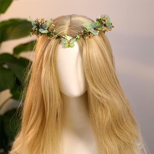 MOSTORY Handmade Fairy Butterfly Crown - Elf Flower Hadpiece Elven Headband for Women s Spring Wedding Maternity Shoot - color: Green-gold