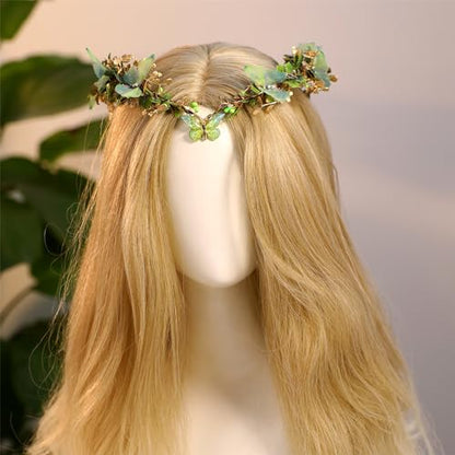MOSTORY Handmade Fairy Butterfly Crown - Elf Flower Hadpiece Elven Headband for Women s Spring Wedding Maternity Shoot - color: Green-gold