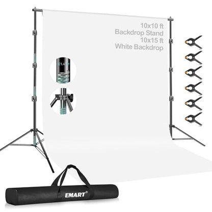 EMART Portable Photography Backdrop Stand Kit 10 x 10 ft with 10 x 15 ft White Backdrop, Adjustable Background Support System for Photo Video Studio, Photoshoot, Party, Live Game, Interviews - size: 10*10ft Stand/10*15ft Backdrop
