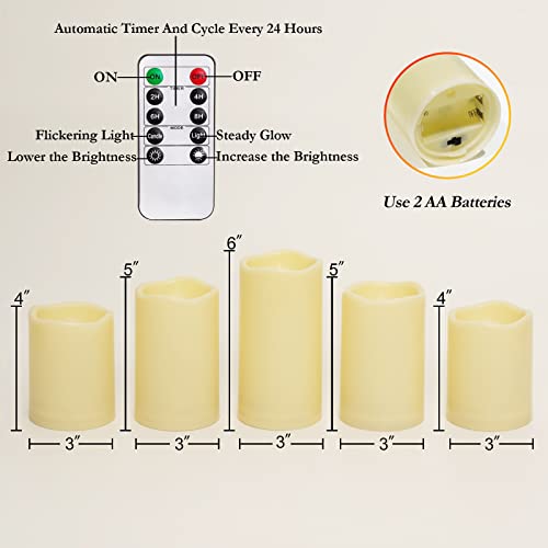 Homemory Waterproof Flameless Candles, Outdoor Indoor Battery Operated LED Pillar Candles with Remote Control and Timer, Plastic, Long Lasting, D3 x H4 4" 5" 5" 6", Set of 5 - size: Set of 5