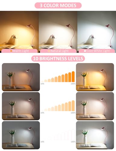 LiFMIRA Pink Small Desk Lamp Clip on LED Reading Light for Bed, 3 Color Modes 10 Dimmable Brightness, Book in Bed Headboard, Flexible Neck Clamp BL08 - color: Pink