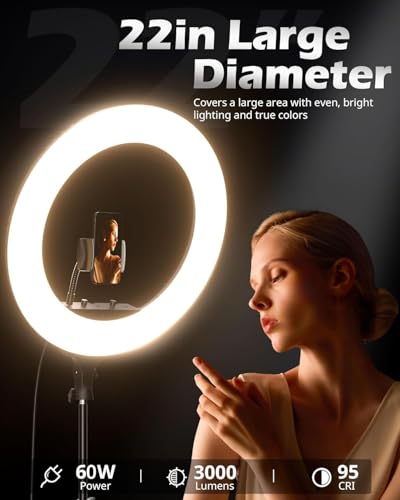 UBeesize 22'' Ring Light with 72'' Stand, 60W Large Ring Light with Phone Holder, Dimmable LED Light for Makeup Barber Stylist Tattoo YouTube TikTok Photography - size: 22in, style: Standard