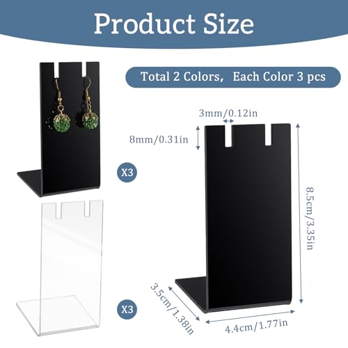 6Pcs Earring Display Stands Earring Holder Organizer for Vendors Single Earring-Card-Display Stand L-Shape Acrylic Dangle Earrings Jewelry Display for Vendors Home 1.4x1.8x3.35 Inch (3 Black 3 Clear)