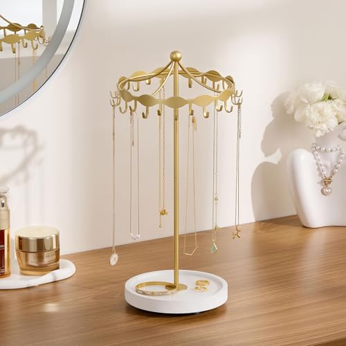 Lolalet Rotating Necklace Holder Stand with Metal Hooks, Spinning Display Carousels, Freestanding Organizer Hanger for Long Necklaces Chains, Mother's Day Birthday Gifts -Gold - color: Gold