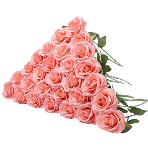 LVEFIT 30pcs Artificial Rose Flower Coral Peach Flower with Long Stem Silk Roses Bouquet for Wedding Bridal Shower Party Home Decoration - color: Coral Peach, size: 30pcs