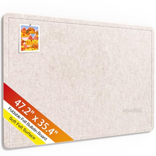 Bulletin Board,47.2 x 35.4 inches Foldable Decorative Felt Pin Board Photo Display Board with Self-Adhesive Tape, Decorative Cork Alternative for Wall Includes 20 Push Pins,Oatmeal - color: Oatmeal, size: 47.2 x 35.4 inches