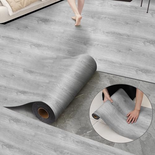 Luxury Thicken Wood Grain Peel and Stick Floor Tiles Self-Adhesive Vinyl Flooring Roll-DIY Easy for Wall and Floor,Hard Surface/Waterproof/Anti Slip (Light Gray Vinyl Flooring, 17.72 "W x 118" L) - color: Light Gray Vinyl Flooring, size: 17.72 "W X 118" L