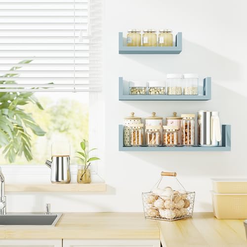 SRIWATANA Floating U Shelves Wall Mounted, Solid Wood Wall Shelves Set of 3 (Blue) - color: Blue