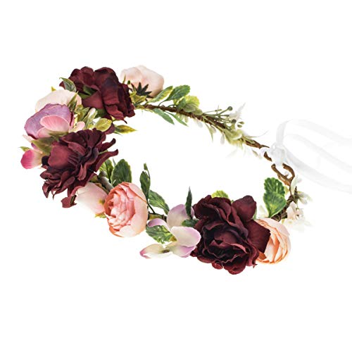 Vividsun Bridal Green Leaf flower Crown Eucalyptus Floral Headband Wedding Festivals Photo Props (Burgundy) - color: Burgundy