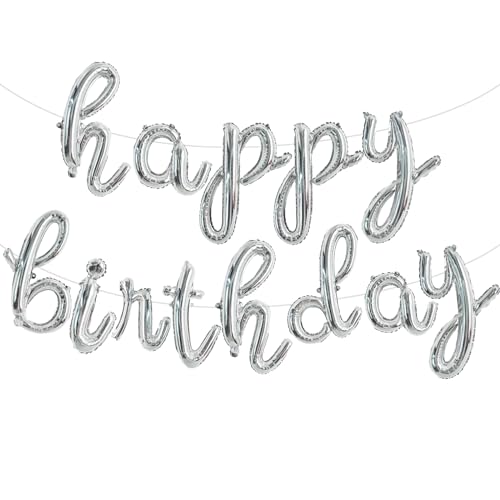 TONIFUL Silver Happy Birthday Balloons Banner,Cursive Happy Birthday Balloon Birthday Decorations Silver Mylar Foil Birthday Ballons for Kids and Adults - color: Low Silver