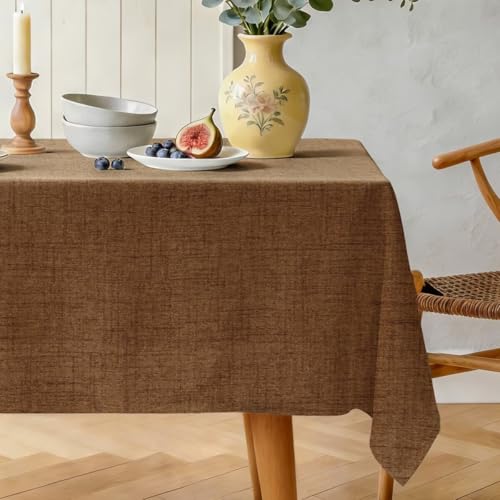 Natural Linen Rectangle Tablecloth, Slubby Textured Fall Lightweight Table Cloth 52 x 108 Inch, Water Resistant Stain Resistant Farmhouse Burlap Table Cover for Kitchen Dining Room, Brown - color: Brown, size: 108" x 52" (Rectangular) (1 Pack)