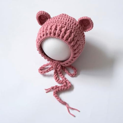 Zeroest Newborn Baby Boy Girl Photography Props Bear Hat Outfits Crochet Kint Handmade Cap Set for Newborn Photo Shoot - color: Dusty Pink