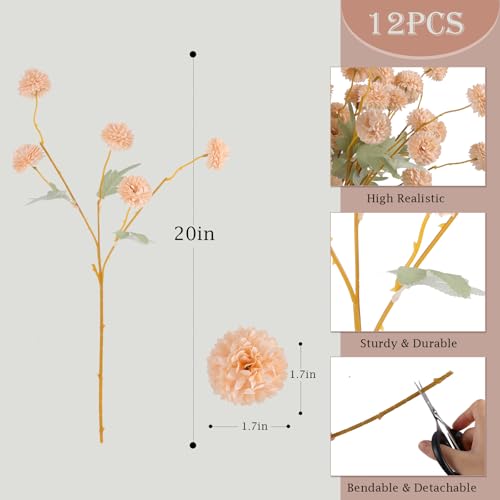 Hananona 12 Pcs Artificial Chrysanthemum Flowers, Beige Kiku Pom Pom Mums Flower Fall Faux Floral Arrangements Centerpiece for Autumn Home Kitchen Decor (12, Beige) - color: Beige