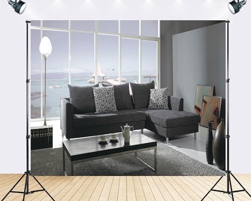 Trykid 12x8ft Modern Grey Sectional Backdrop Ocean View Coffee Table Tea Set Photography Background Contemporary Home Styling Tapestry Party Decoration Photo Studio Prop Fabric - size: 12x8ft