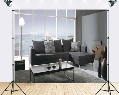 Trykid 8x8ft Modern Grey Sectional Backdrop Ocean View Coffee Table Tea Set Photography Background Contemporary Home Styling Tapestry Party Decoration Photo Studio Prop Fabric - size: 8x8ft