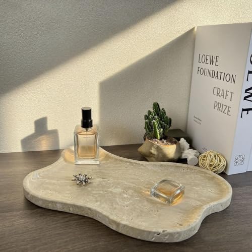Cloud Shape 100% Natural Travertine Tray Luxury Travertine Vanity Organizer for Bathroom Kitchen Counter, Decorative Tray for Dresser Home Décor, 13.3x8.3x0.7 inches - color: Beige (Slightly White)