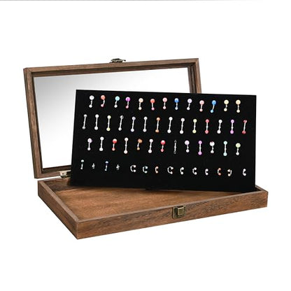 MOOCA Temper Glass Top Jewelry Display Case with Tempered Glass Lid and 54 Clip Body Jewelry Showcase Display Pad for Belly Button Rings, Tongue Rings, and Industrial Barbell Organizer, Brown Color - color: Black Pad with Brown Wood Case