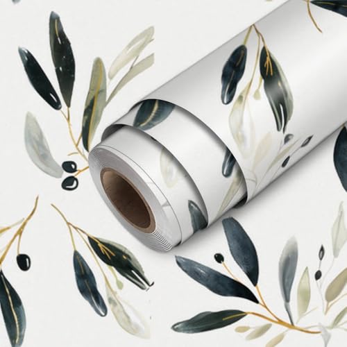 HOMETITUTE Olive Leaf Wallpaper Peel and Stick Botanical Contact Paper Wall Paper Stick 17.7" x 118.1" Self Adhesive Vinyl Wall Covering for Kitchen Pantry Dining Room Decor - color: Olive Leaf