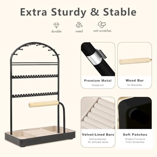 Saydear Multi-Functional Jewelry Holder Organizer Necklace Display Stand Velvet Lined Bar for Rings 2 Tier with 18 Hooks, 32 Earring Holes - Sturdy and Durable, Easy Organization Black - color: Black V1.0