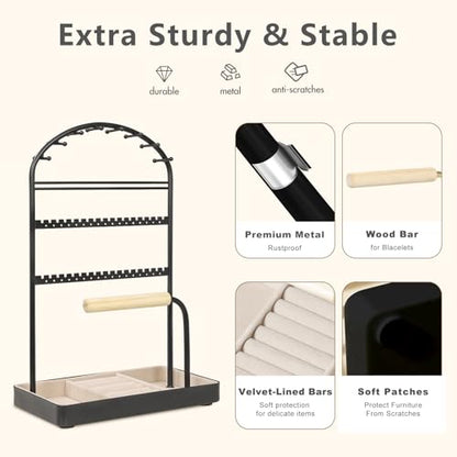Saydear Multi-Functional Jewelry Holder Organizer Necklace Display Stand Velvet Lined Bar for Rings 2 Tier with 18 Hooks, 32 Earring Holes - Sturdy and Durable, Easy Organization Black - color: Black V1.0