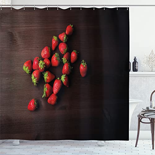 Ambesonne Fruits Shower Curtain, Summer Vibes Strawberries on a Rustic Background Food Art Printwork, Cloth Fabric Bathroom Decor Set with Hooks, 69" W x 75" L, Dark Brown and Dark Pink - color: Dark Brown and Dark Pink, size: 69" W x 75" L