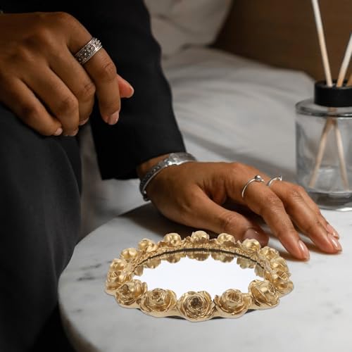 FOMIYES Decorative Rose Gold Mirror Vanity Tray Jewelry Organizer Round Makeup Display Plate for Bathroom Countertop Dressing Table