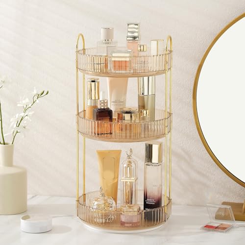 Aveniee Rotating Makeup Organizer for Vanity, 3 Tier Perfume Skincare Organizers and Storage for Bathroom Countertop, Clear Spinning Counter Shelf Cosmetic Holder for Dresser,Gold - color: Amber Gold, size: Standard-3 Tier