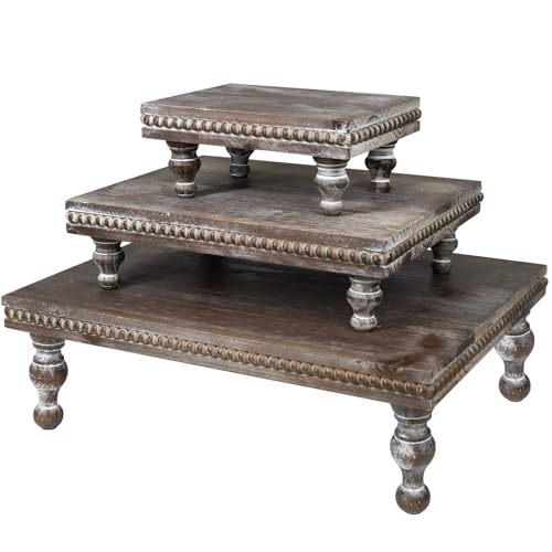 MAONAME Wood Display Risers Decorative Tray Set of 3, Farmhouse Pedestal Stand for Display Home Decor, Vintage Brown Beaded Wooden Tray for Kitchen Counter, Short and Tall Footed