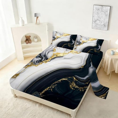Black Gold Marble Sheets Sets Twin Size Elegant Marbling Fitted Sheet Set 3D Marble Bed Sheet for Kids Teens Adults Modern Bedspread 1 Fitted Sheet+1 Flat Sheet+1 Pillowcase - color: 3d Marble, size: Twin