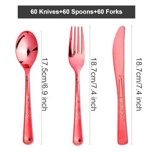 180 Pack Disposable Rose Red Plastic Silverware Contain 60 Forks,60 Spoons,60 Knives, Solid and Durable Plastic Cutlery Utensils Set Perfect for Parties,weddings. - color: Rose