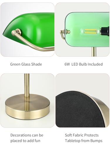 Traditional Green Glass Bankers Desk Lamp with Pull Chain Switch Plug in Fixture,LED Bulb Included - color: Green