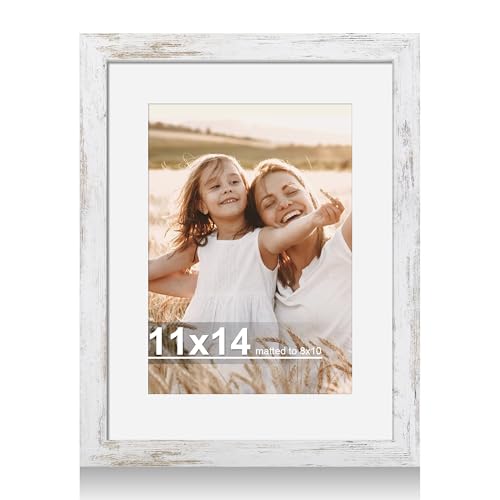 Hongkee 11x14 Picture Frame with Real Glass - 8x10 Wooden Frame with Mat, Horizontal and Vertical Display for Wall or Tabletop (Distressed White, 1 Pack) - color: Distressed White, size: 11X14 in