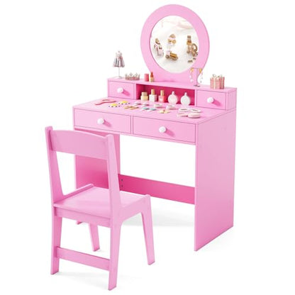 Costzon Kids Vanity, Princess Makeup Dressing Desk with Mirror and Stool, 4 Storage Drawers, Vanity Table and Chair Set for Little Girls (Pink) - style: Pink with Round Mirror