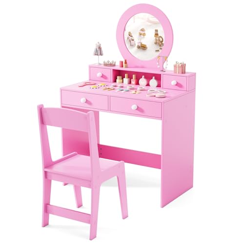 Costzon Kids Vanity, Princess Makeup Dressing Desk with Mirror and Stool, 4 Storage Drawers, Vanity Table and Chair Set for Little Girls (Pink) - style: Pink with Round Mirror