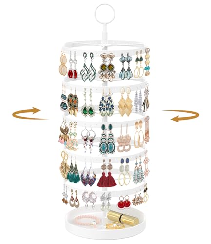 MODOWEY 5 Tier Rotating Earring Holder Organizer, Adjustable Display Tree with Metal Tray, 220 Holes Jewelry Rack for Pierced Stud Hoop Dangle, Large Capacity Space-Saving Stand for Women (White) - color: Cloud White, size: 5 Tier, 220 Holes