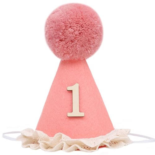 WAOUH Boho 1st Birthday Crown - Unisex Adjustable Baby Hat with Pom Topper, Felt Party Decoration & Photo Props - color: Cherry Powder