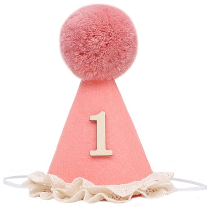 WAOUH Boho 1st Birthday Crown - Unisex Adjustable Baby Hat with Pom Topper, Felt Party Decoration & Photo Props - color: Cherry Powder