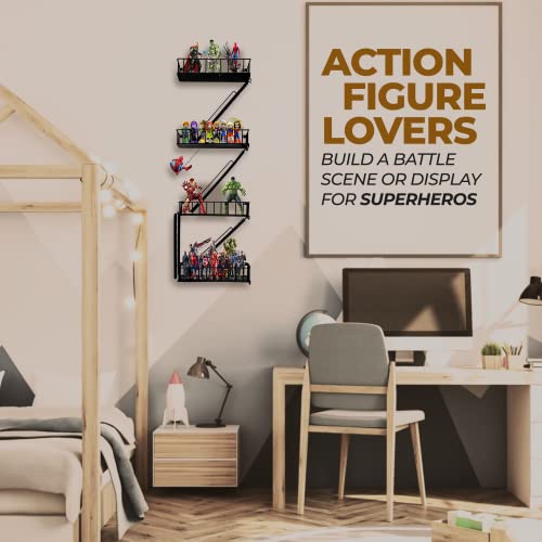 VERSATILE KAS 4-Tier Metal Fire Escape Wall Shelf | 30" NYC Industrial Floating Shelves for Action Figures | Black Urban Display Ladder with 7.5lb Capacity - size: 4-Tier