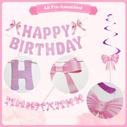 Pre-strung Pink Bow Birthday Party Decorations Glitter Happy Birthday Banner Honeycomb Balls Bows Hanging Swirls for Women Girls Coquette Party Decor