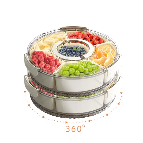 Divided Serving Tray with Lid and Handle, Stackable Snackle Box Container for Fruits Candy Organizer, Portable Spinning Rounded Veggie Tray for Kitchen, Party, Trave and Picnic-2 PACK - color: 12" L-2pcs (White)