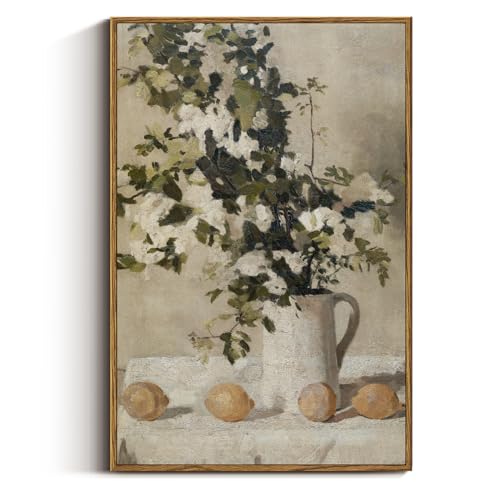 VIYYIEA Vintage Floral Large Framed Wall Art, Flowers and Lemons Paingtings Decor Aesthetic, 24x36 Inch Canvas Print Artwork, Farm Still Life Wall Pictures for Bedroom Living Room - color: Flowers and Lemons, size: 36"L x 24"W