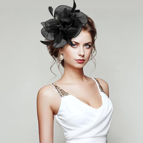 Fascinators Hats with Gloves Set for Women 20s 50s Cocktail Tea Party Wedding Costume Headwear - color: 03-black