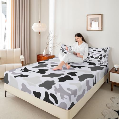 Manfei Grey Camouflage Fitted Sheet Full Size,Military Aircraft Camo Bedding Set 3pcs,Airplane Themed Camo Bed Sheets with 2 Pillowcases,Kids Boys Girls Room Decor,Soft Deep Pocket Bedding(No Flat) - color: Grey, size: Full (54*75*16")