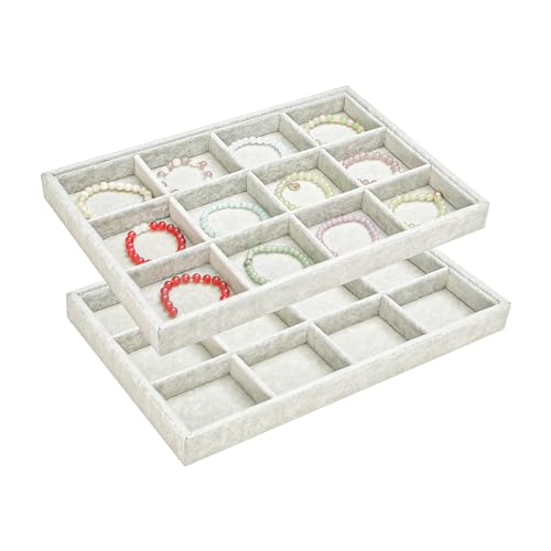 2pcs/Set Velvet Jewelry Tray, 12 Grids Large Storage Tray for Bracelet Bangle Beads Display, Jewellery Organizer Box Tray for Home Drawer or Shop Store Selling Show (Grey Velvet) - color: Grey, size: 12 Grid