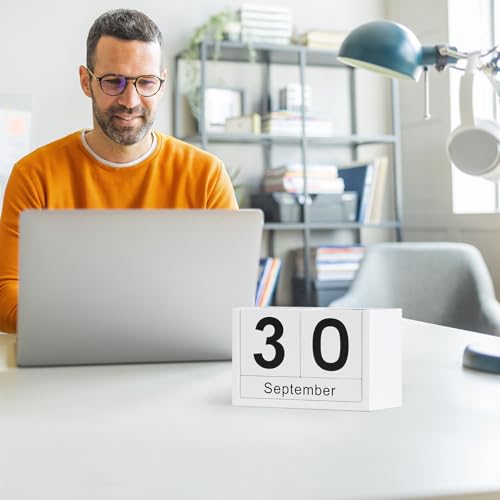 Wooden Block Calendar for Desk, Small Size Daily Desktop Perpetual Desk Calendar, Cute Date Display Desk Accessories for Home Office Decor, Teacher, Classroom, Reusable Yearly, White - color: White, size: Small Size