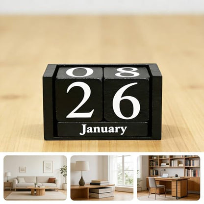 Notakia Black Wooden Block Calendar, Perpetual Desk Calendar, Stylish and Durable Block Calendar for Home and Office - color: Black Small