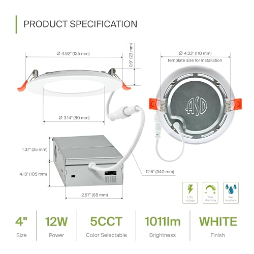 ASD 6 Pack LED Recessed Lighting 4 Inch 12W, 5 CCT 2700K-5000K CRI90+, IC Rated Ultra Thin Dimmable Ceiling Lights with J Box, Canless Wafer Downlight, Round Slim Panel Light, Energy Star ETL, White - color: White, size: 4 Inch 6 Pack