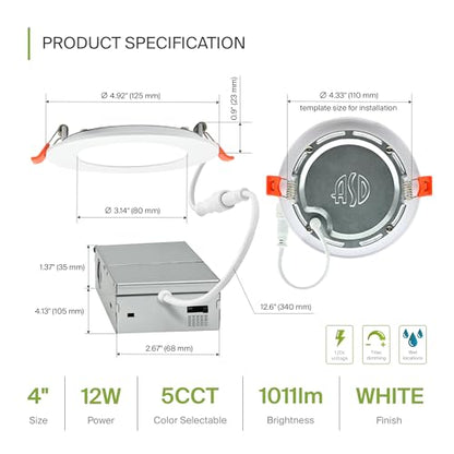 ASD 6 Pack LED Recessed Lighting 4 Inch 12W, 5 CCT 2700K-5000K CRI90+, IC Rated Ultra Thin Dimmable Ceiling Lights with J Box, Canless Wafer Downlight, Round Slim Panel Light, Energy Star ETL, White - color: White, size: 4 Inch 6 Pack